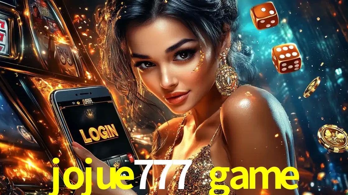 Mulher glamourosa segurando um celular com a tela de login do cassino jojue777 game, rodeada por dados e moedas douradas, pronta para começar a diversão.