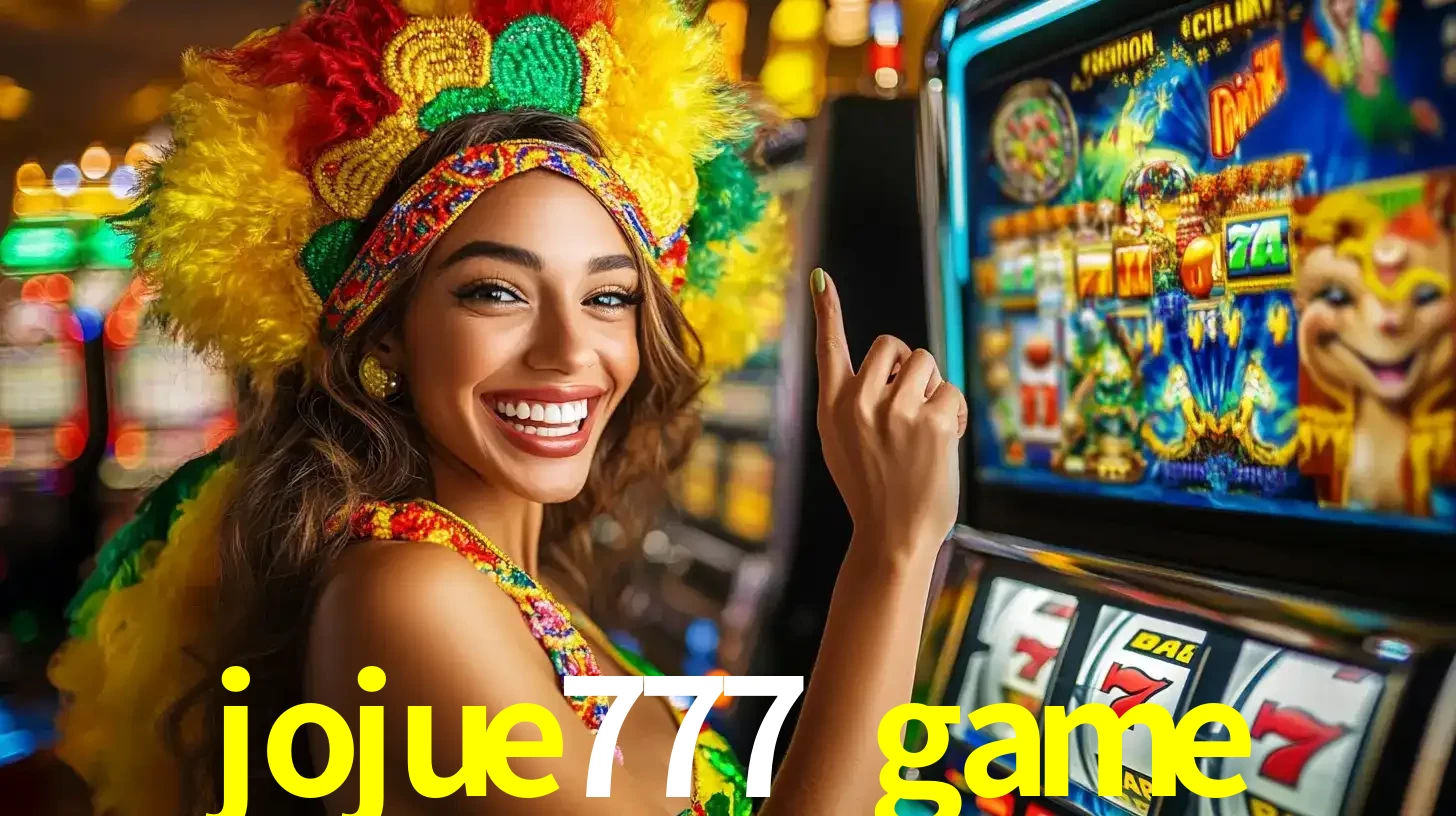 Mulher animada com um cocar de carnaval apontando para uma máquina de caça-níqueis, mostrando a emoção de ganhar um grande prêmio nos jogos do jojue777 game.