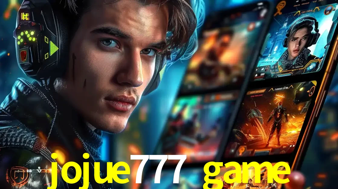 Jovem jogador com fones de ouvido olhando para a câmera, com um aplicativo de jogos e e-sports para celular ao fundo, pronto para a competição e apostas no jojue777 game.