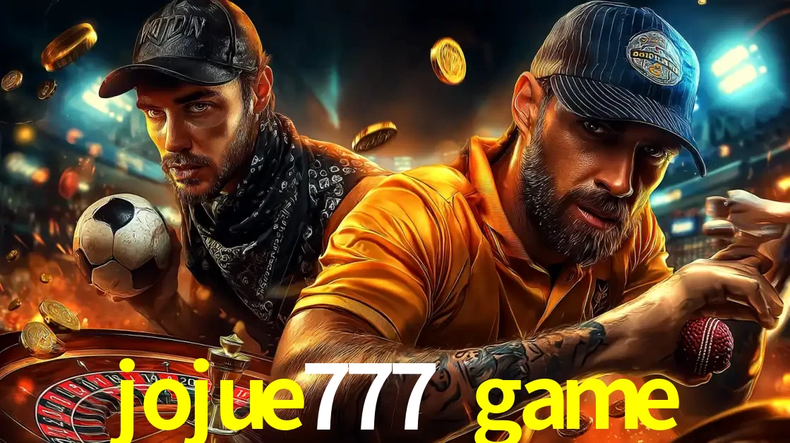 Montagem de apostas esportivas e cassino no jojue777 game, com um homem segurando uma bola de futebol e outro uma de beisebol sobre uma roleta e moedas voadoras.