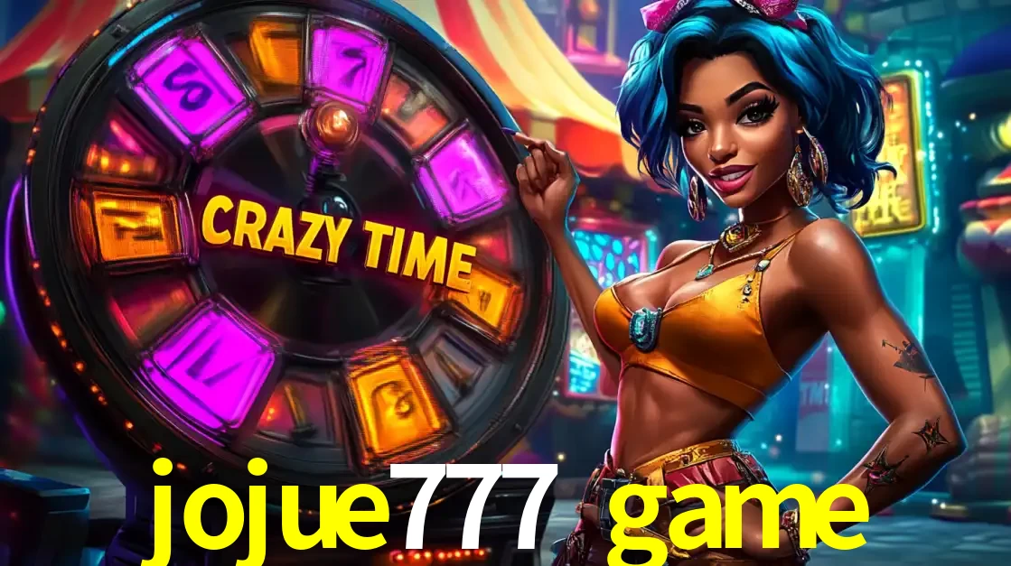 Mulher estilizada com cabelo azul e visual vibrante posando ao lado da roda de prêmios do game show Crazy Time, convidando para a diversão e os bônus do cassino jojue777 game.