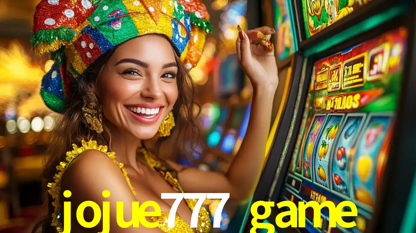 Mulher feliz com traje de carnaval amarelo e colorido ao lado de uma máquina de caça-níqueis, aproveitando a diversão e os jogos temáticos do cassino jojue777 game.