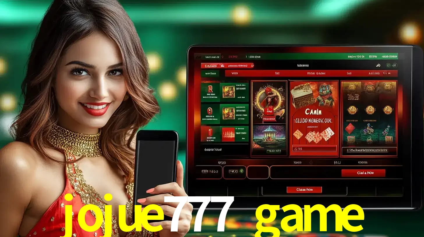 Mulher sorridente segurando um smartphone, ao lado de uma tela exibindo o lobby de jogos do cassino online jojue777 game, com várias opções de jogos de cartas e slots.